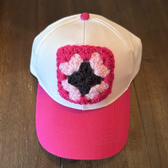 Handmade Accessories - Crochet Granny Square Trucker Hat; Pink Black Handmade Crochet Baseball Hat